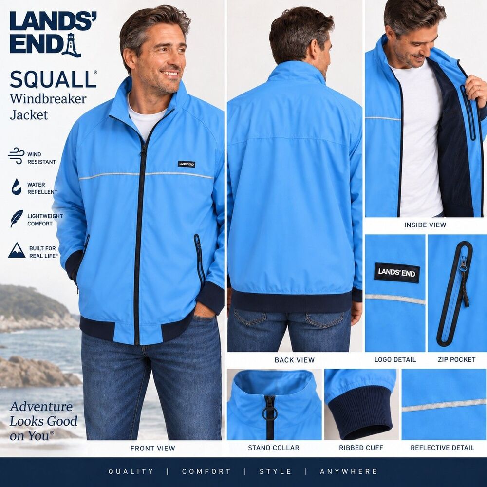 Lands' End Squall Blue Navy Full Zip Windbreaker Jacket Men's Tall XXL/T 50-52